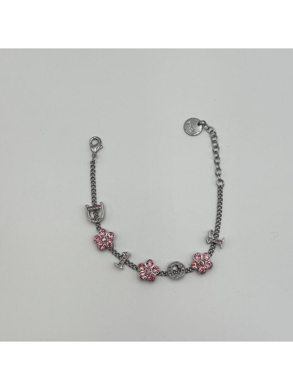 Dior Pink Crystal Floral Logo Charm Chain Bracelet - Picture 3 of 4